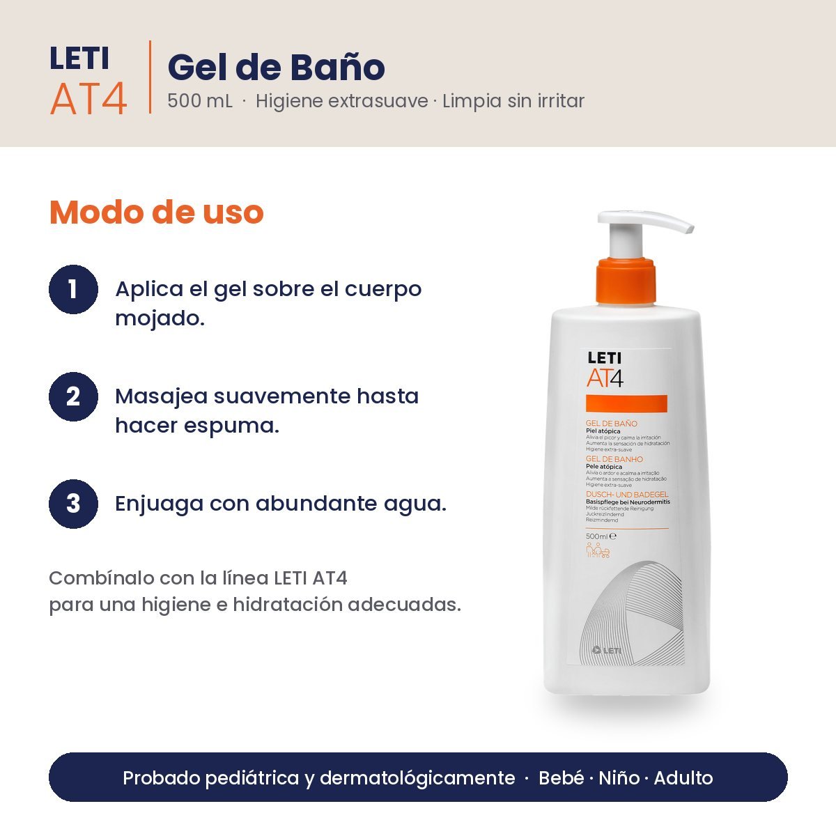 LETI AT4 Gel de Baño Piel Atópica 500 mL – modo de uso